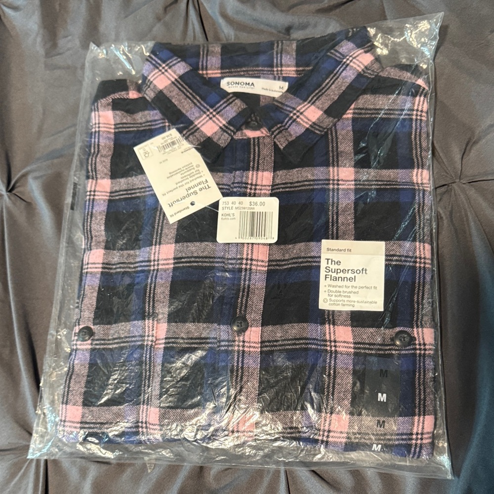 Sonoma Men's Casual Blue and Pink Plaid Shirt